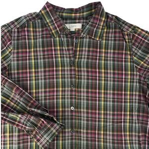 LOFT L Green Pink Plaid Button Up Shirt Long Sleeve Plaid Long Sleeve Cotton Top
